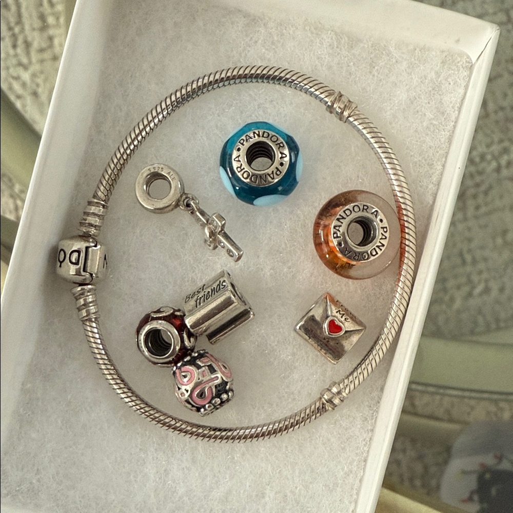 Pandora Silver Bracelet with Pink, Blue & Amber Charms